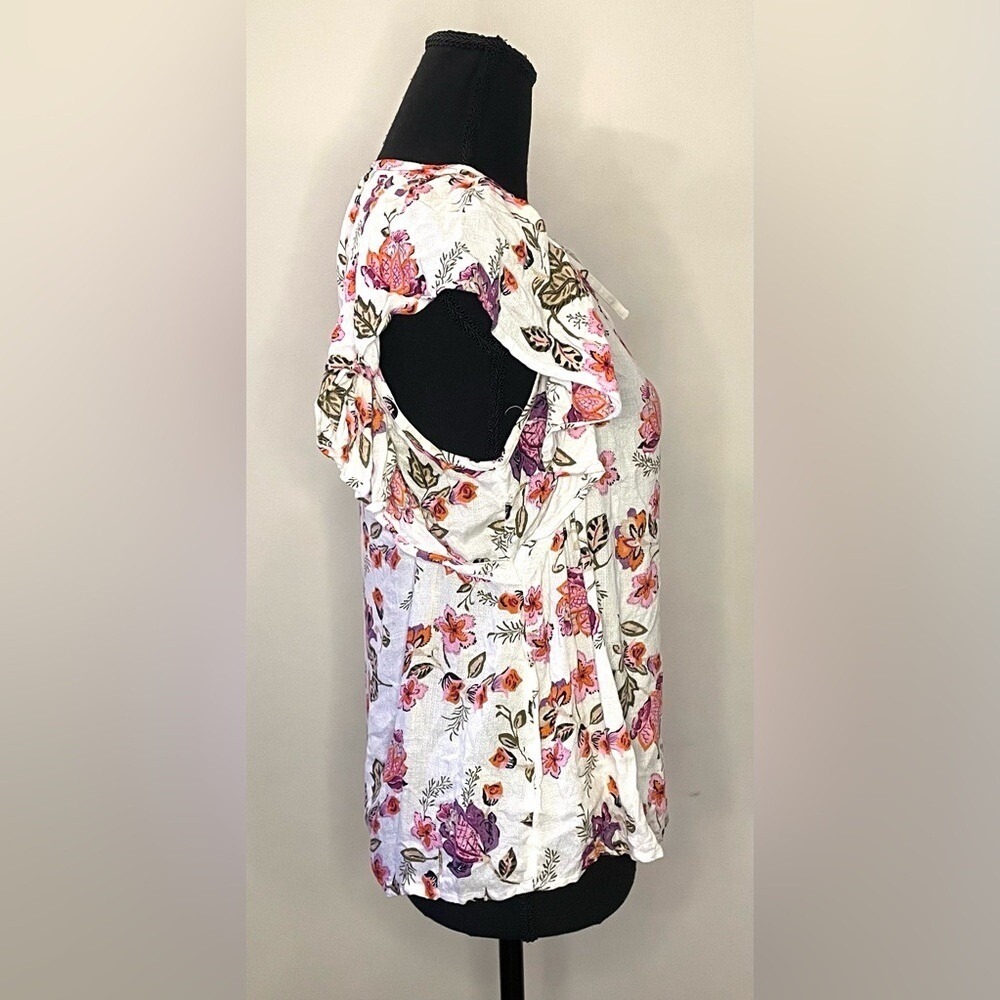 Lucky Brand Womens Floral Flutter Sleeve Lace Trim Split Neck Tie Blouse White S - Picture 3 of 6